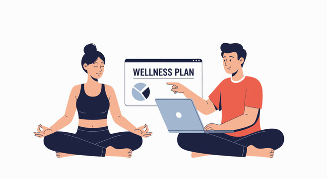 Couple planning wellness: Woman meditating, man using laptop showing wellness plan with charts and graphs.