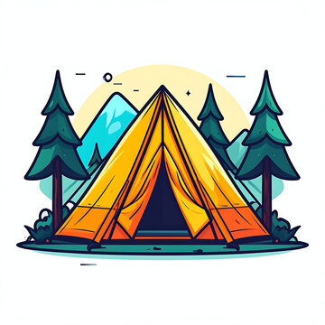 Vibrant orange tent set up in a forest clearing with pine trees and mountains behind, camping illustration