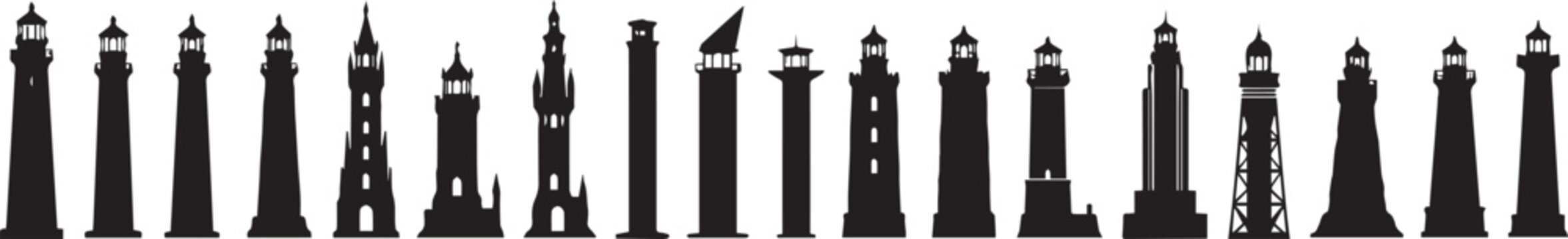 Large collection of black lighthouse silhouettes representing maritime navigation and coastal safety