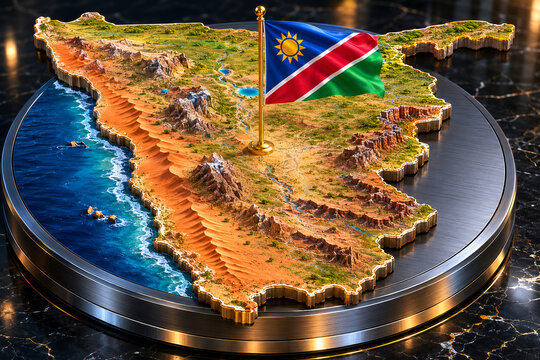 Stylized 3D Relief Map of Namibia with National Flag and Atlantic Ocean Waves