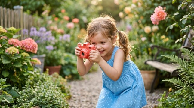 Young girl in a blue dress taking photos with a toy camera in a blooming garden