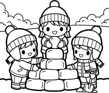 Happy children building a snow block igloo together outdoors.