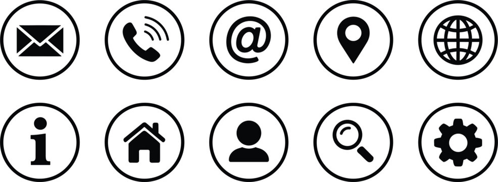 Set of Ten Black and White Contact and Information Icons mail envelope