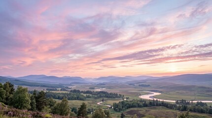 Obraz premium Serene Scottish Highlands landscape at sunrise with a winding river and pastel clouds