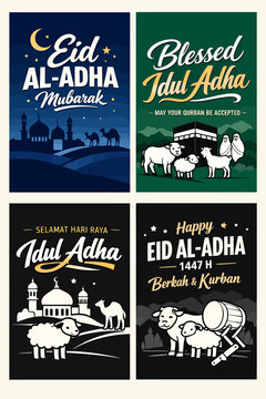 Eid Al-Adha celebrations with line art illustrations of sheep and mosques