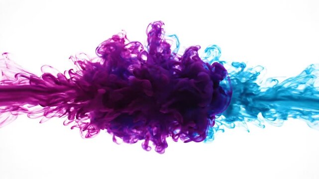 Abstract background with two mixing colorful ink clouds in water, vibrant blue and purple dye spreading, a dynamic fluid collision
