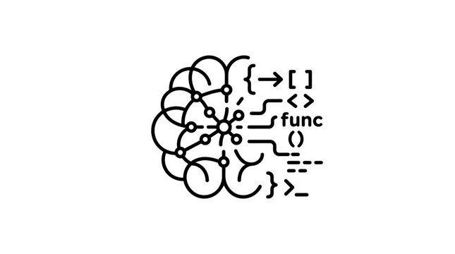 Abstract line art illustration depicting the connection between human brain processes, artificial intelligence, and computer programming logic.