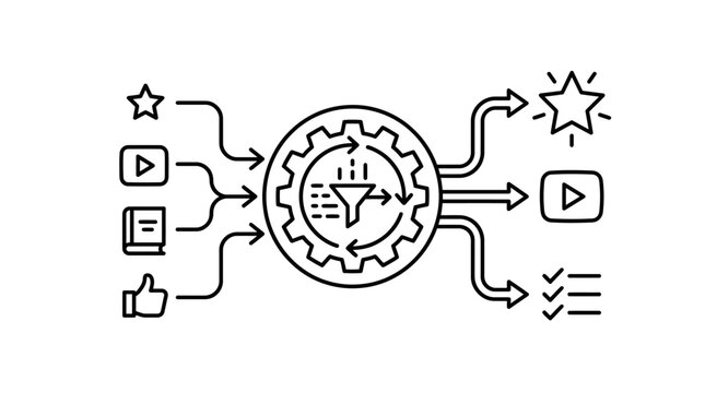 Conceptual illustration of data processing, content filtering, and workflow optimization with various inputs and outputs.