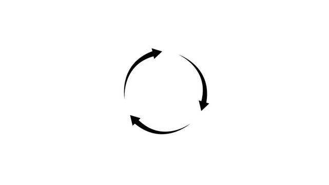 Black color and three arrows forming a circular rotation looping motion graphic, black refresh icon, abstract recycle symbol, loading bar alpha channel element on transparent background.