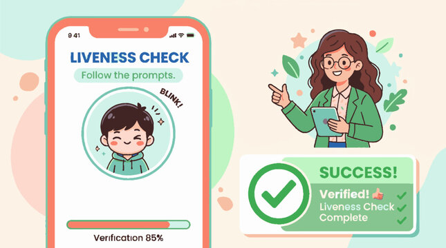 Vector illustration of mobile app liveness check facial recognition verification process with success badge.