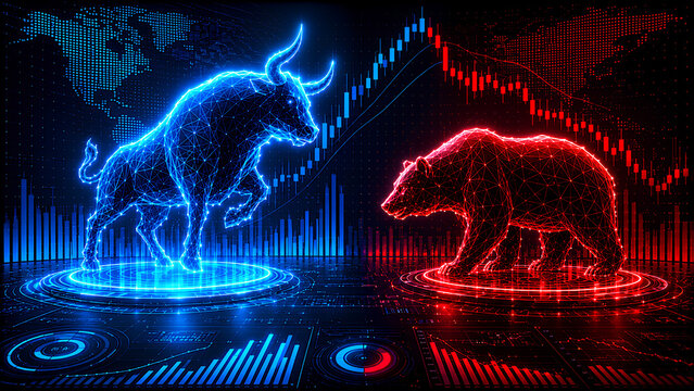 Futuristic Bull and Bear Stock Market Battle with Digital Trading Charts