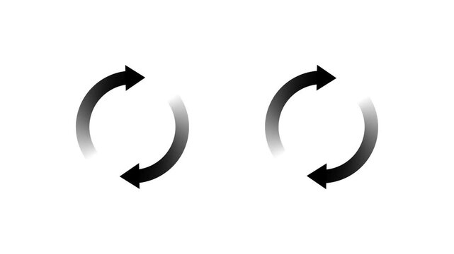 Black color circular rotation arrows looping motion graphic, black sync loop icon set, clockwise and counter clockwise refresh symbol, loading bar on white background 4k video.