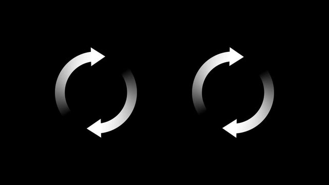 Black color circular rotation arrows looping motion graphic, white sync loop icon set, clockwise and counter clockwise refresh symbol, loading bar on black background 4k video.