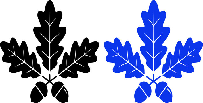 Oak Leaf and Acorn Symbol: A stylized graphic featuring a cluster of oak leaves paired with acorns, presented in both black and blue on a white background, representing nature and strength.