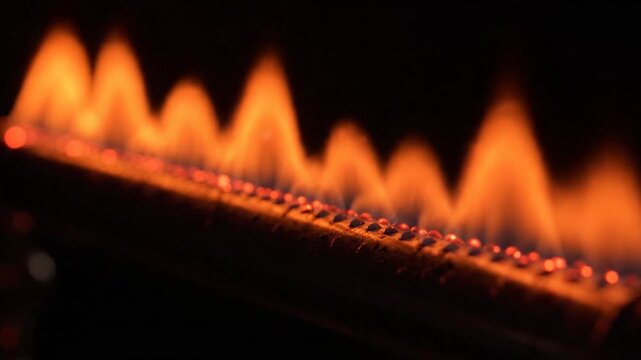 A close up view of several small flames dancing along a black gas burner on a dark background, ideal for concepts of energy or heat
