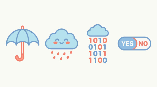Cute vector icons set featuring umbrella rain cloud binary code and yes no toggle switch.