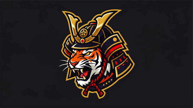 A fierce tiger wearing a samurai helmet is illustrated in a graphic artwork.