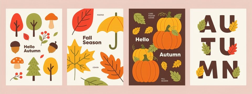 Set of autumn posters with pumpkins, fall leaves, trees, mushrooms, acorns and umbrella