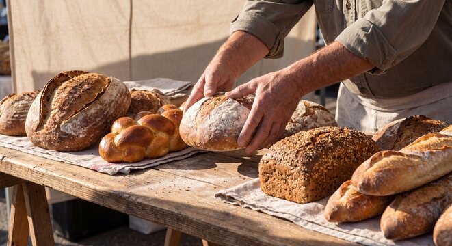 Baker's hands arranging freshly baked artisan bread loaves on a rustic wooden table at an outdoor farmer's market