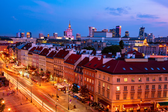Warsaw city skyline at twilight panoramic scenic view