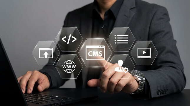 Businessman working with CMS content management system on laptop computer