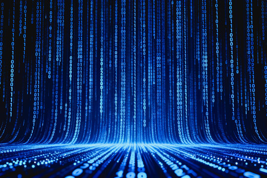 This is a futuristic digital background featuring cascading blue binary code streams over a dark backdrop, with glowing light trails creating a perspective data flow scene.