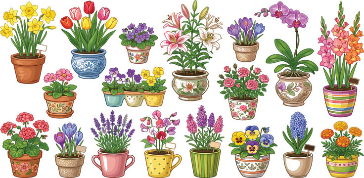 Beautiful potted flowers vector collection featuring colorful blooming house plants in decorative ceramic pots and vases isolated on white background