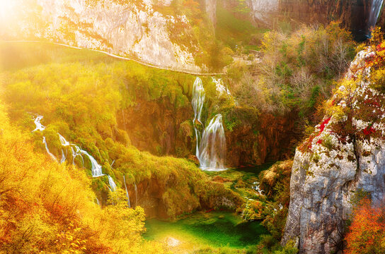 Autumn colors and waterfalls of Plitvice National Park in Croatia, seasonal colorful background