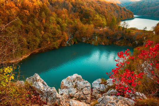 Autumn colors and lake of Plitvice National Park in Croatia, seasonal colorful background