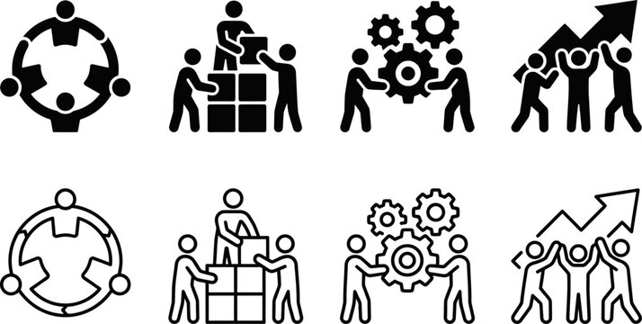 teamwork icon collection with people figures and collaboration tools in gear and share