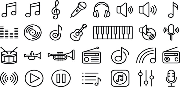 Music and audio equipment line icons vector set featuring musical notes guitar piano drums trumpets radio player buttons and microphones isolated