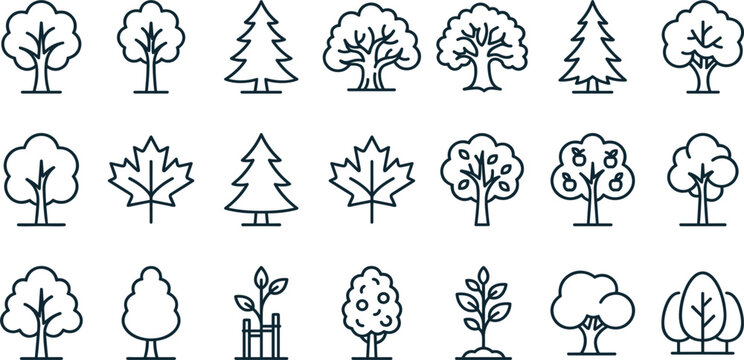 Tree and leaf line icons vector set featuring various forest trees pine fir maple oak sapling and fruit tree outline symbols isolated