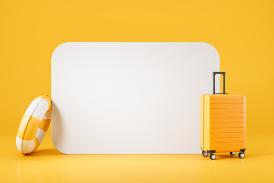 Yellow travel scene with suitcase, lifebuoy, and blank mockup board on bright background illustrating summer vacation concept in clean minimal style. 3D Rendering