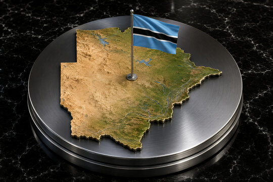 3D Relief Map of Botswana with National Flag and Desert Terrain