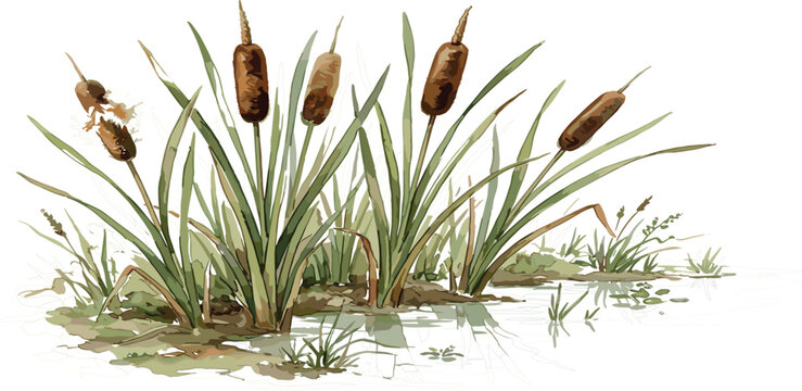 Water pond cattails plant vector illustration featuring realistic typha latifolia reed mace growing in swamp marsh water isolated on white