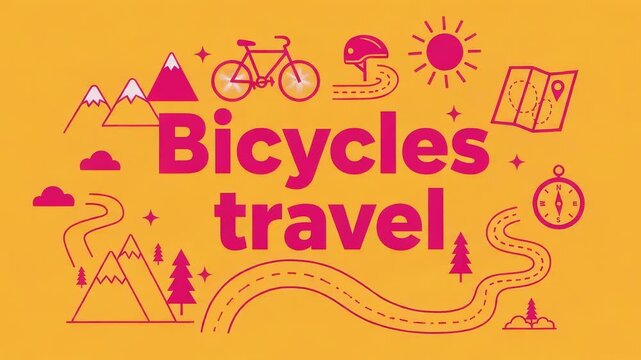 Bicycles travel flat illustration with map, mountains, winding road and icons in bright yellow and pink suggesting a subtle rightward pan across the scene