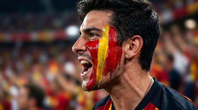 Side profile portrait of passionate Spain football fan with national flag face paint shouting in stadium