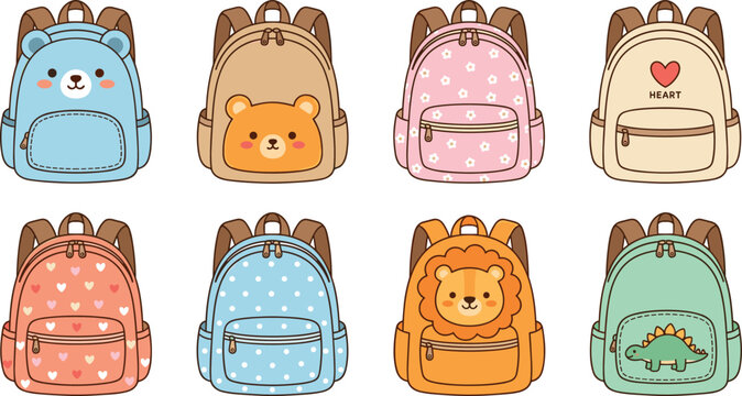 Cute kids school backpack vector collection featuring animal characters hearts flowers and dinosaur patterns for school merchandise.