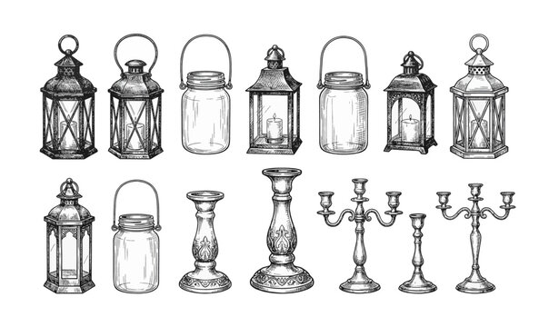 Collection of antique metal lanterns and candelabras.