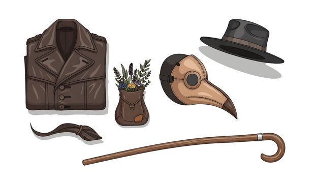 Collection of Plague doctor costume accessories laid out.