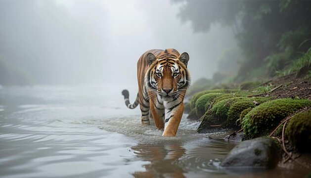 a wild tiger gracefully wades out of a misty river onto a mossy riverbank inside a beautiful lush tropical jungle paradise