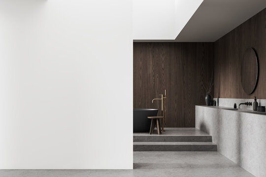 Minimal interior bathroom with empty white wall beside modern wood and stone design creating a clean layout for elegant mockup display concept. 3D Rendering