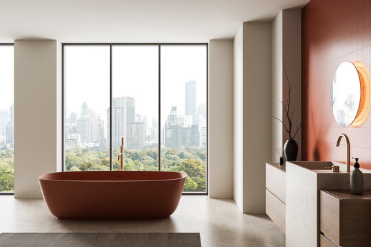 Modern interior bathroom design with large windows, elegant freestanding tub, warm tones, city skyline view, and serene atmosphere in contemporary style. 3D Rendering