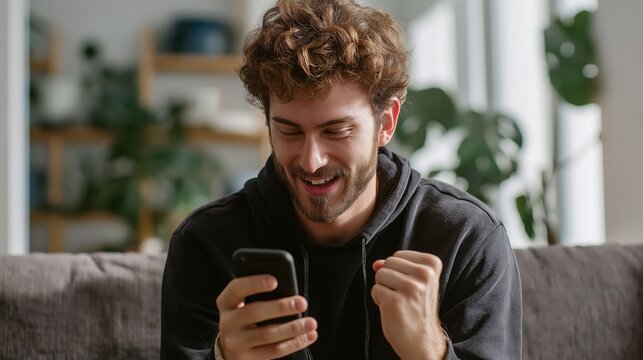 A young man sitting on a couch looks excitedly at his phone, smiling and making a fist pump gesture in a cozy, well-lit living room.