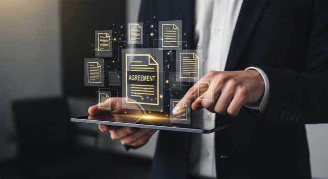 Digital agreement document management on tablet, businessman signing electronic contract online, virtual paperless office workflow with glowing icons