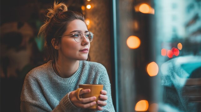 A young woman wearing glasses and a cozy sweater, holding a yellow cup, gazes thoughtfully out a window with warm bokeh lights in the background.