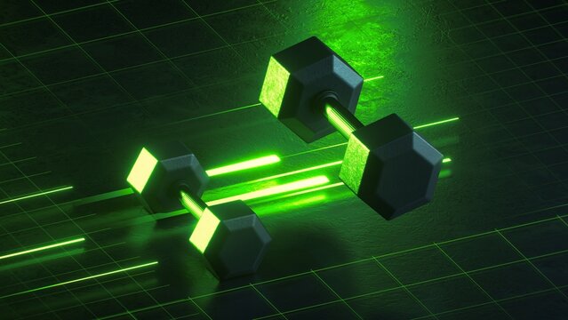 Floating black dumbbells with neon green light beams create a bold gym composition. Futuristic 3D fitness background for strength, workout, and sports marketing.