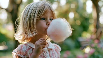 Fototapeta premium Child enjoys fluffy sugar treat in a sunny park.