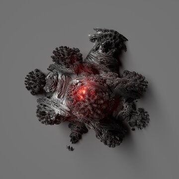 3D rendered fractal object with vivid red inner glow on gray background. Dark organic structure with dramatic crimson core light. Perfect for horror, sci-fi, and motion graphic projects.