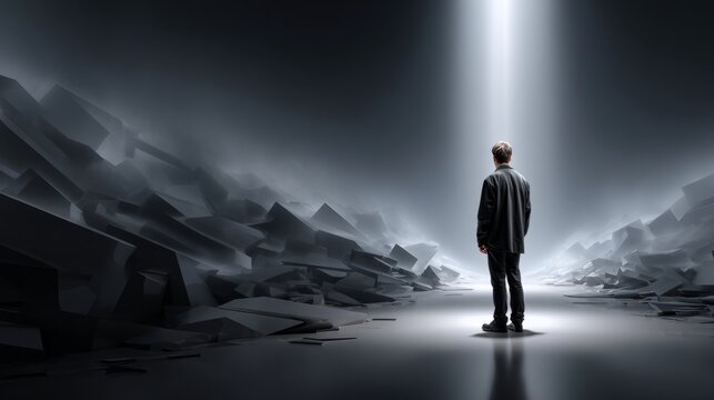 Man standing alone in a dark space with light breaking through from above
